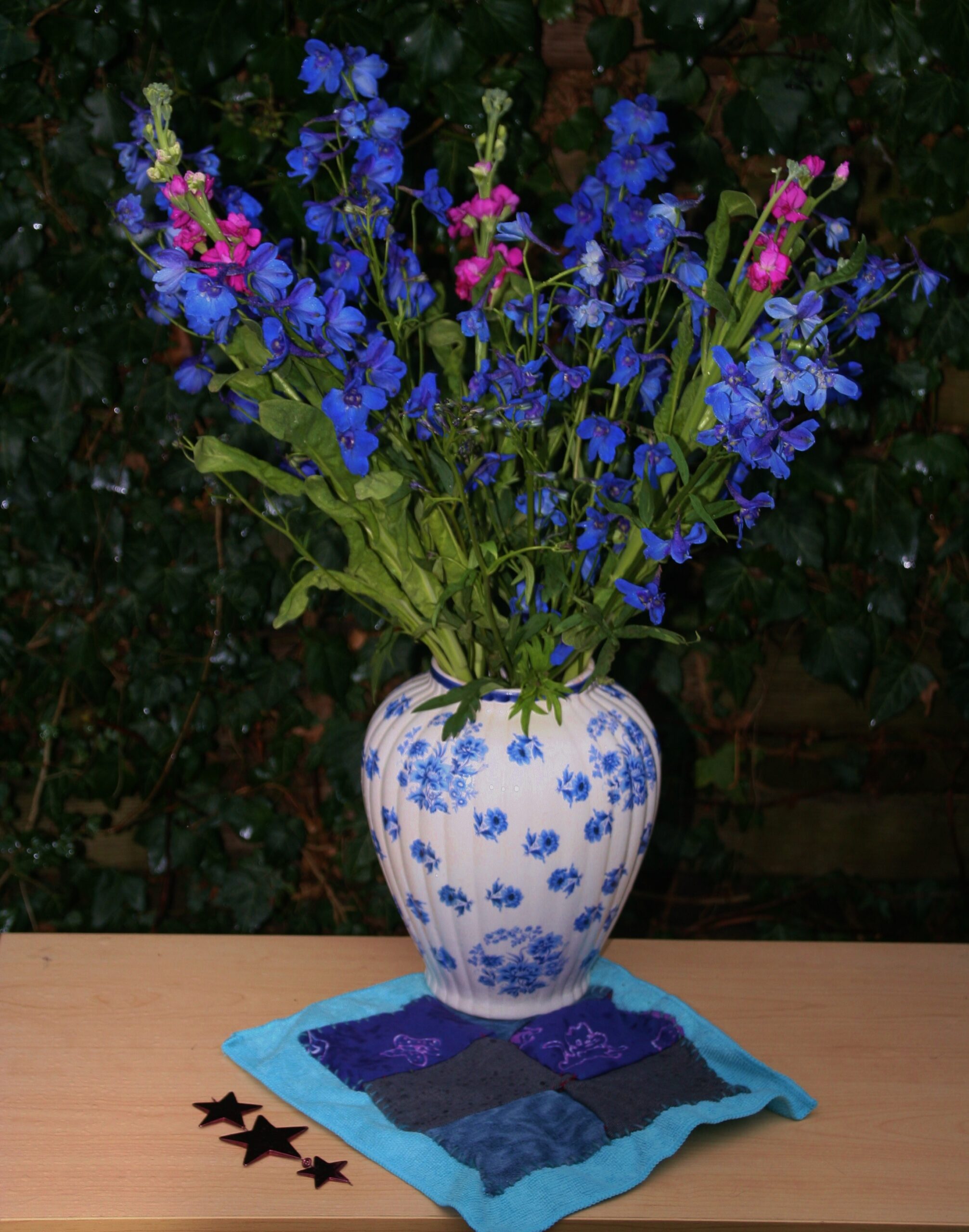 Blauwpaarse troostbloemen eerste zomerdienst